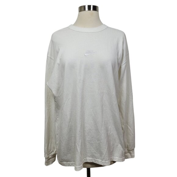 Nike White Long Sleeve T-Shirt Women’s Med Loose Fit Crewneck Embroidered Swoosh - Picture 1 of 7